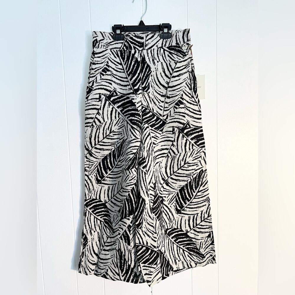 Cynthia Rowley wide leg elastic waist 100% Linen black white mob wife